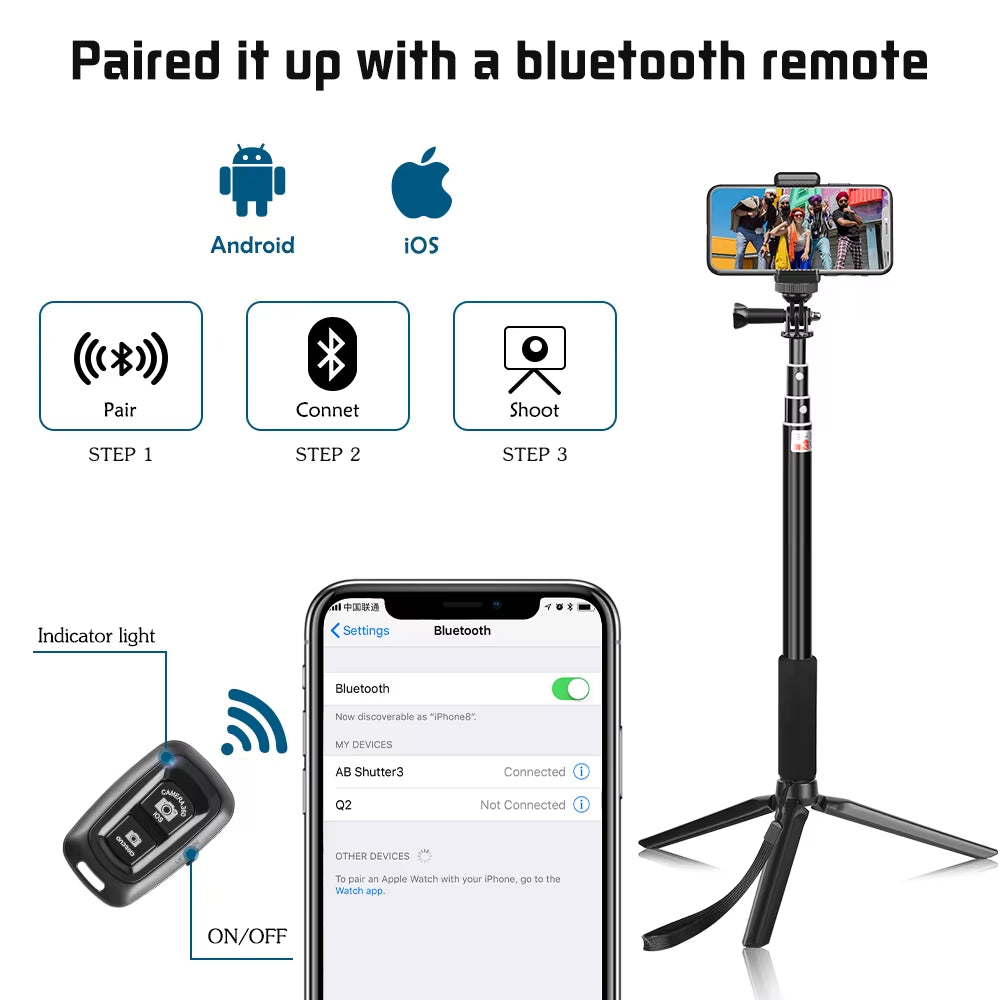 Palo de Selfie ajustable SH 90/150cm con Bluetooth inalámbrico compatible y Clip para teléfono inteligente.