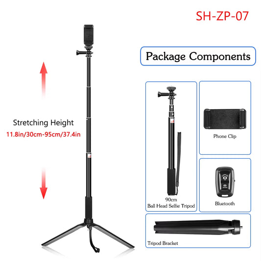 Palo de Selfie ajustable SH 90/150cm con Bluetooth inalámbrico compatible y Clip para teléfono inteligente.
