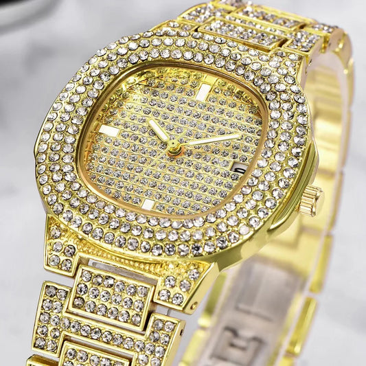 Reloj de cuarzo comercial, esfera grande, dorado, plateado, rosa, dorado, negro, diamante, Flash de moda