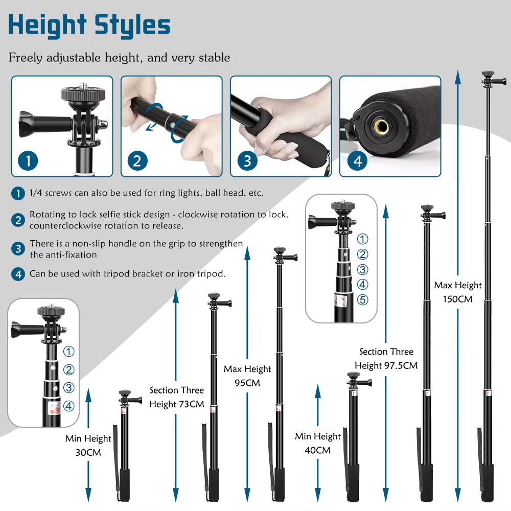 Palo de Selfie ajustable SH 90/150cm con Bluetooth inalámbrico compatible y Clip para teléfono inteligente.