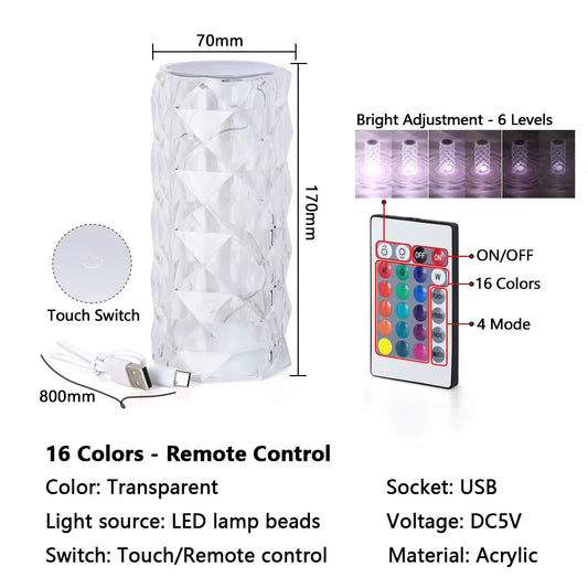 Lámparas de cristal mesa romántica, 16 colores táctil, Navidad USB.